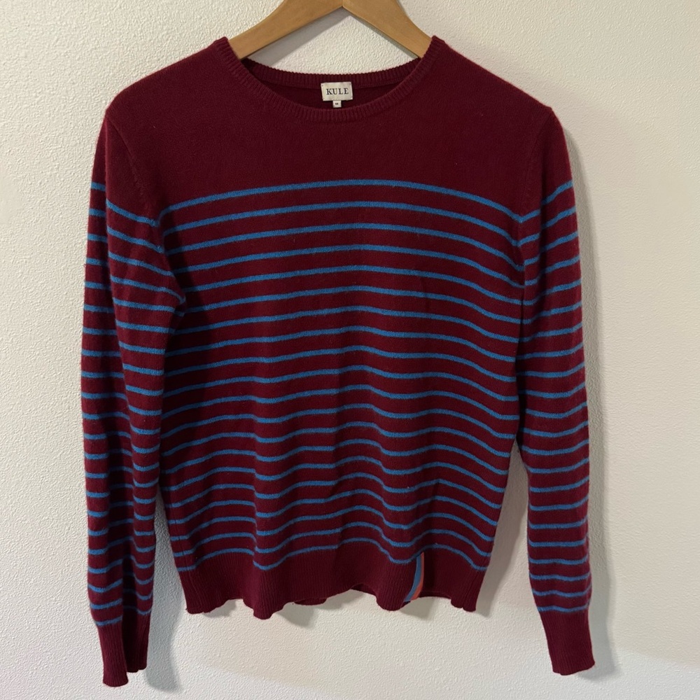 Kule Sophie Cashmere Stripe Crewneck Sweater Burgundy Blue Academia Luxury-M